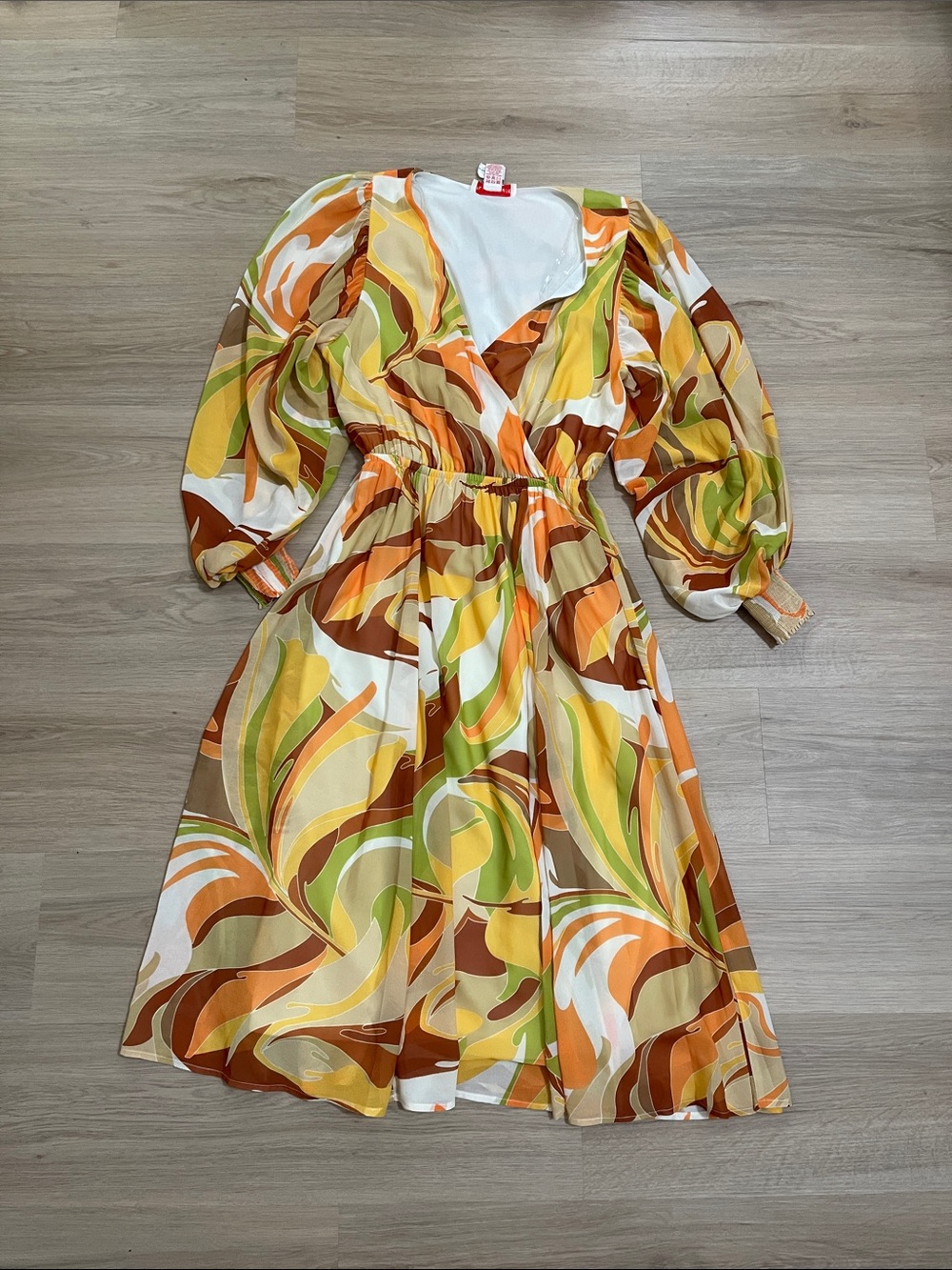 Flying Tomato Swirl-Print Midi Dress in Orange, Yellow, Green, Cream, Brown